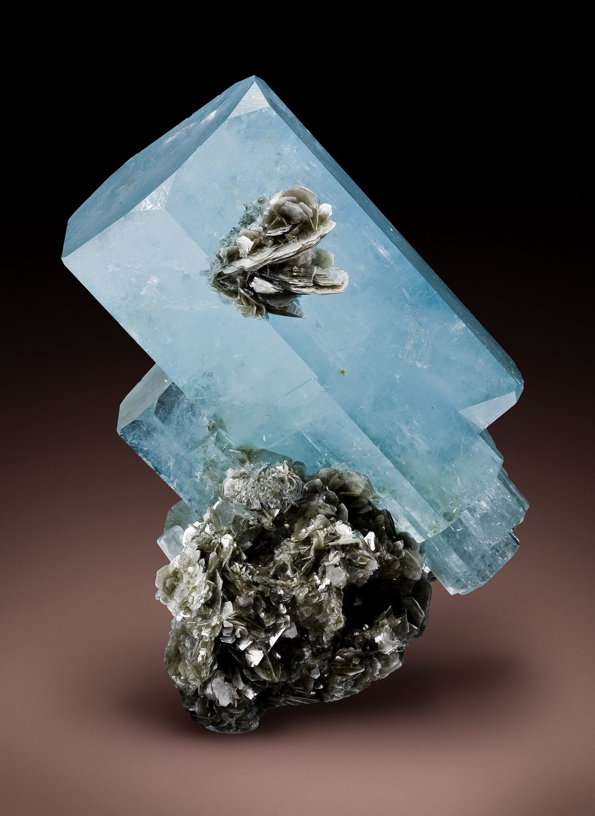 Aquamarine crystal mineral specimen — Beryl, Muscovite Locality: Nagar (Nagir), Hunza Valley, Gilgit District, Northern Areas, Pakistan (L