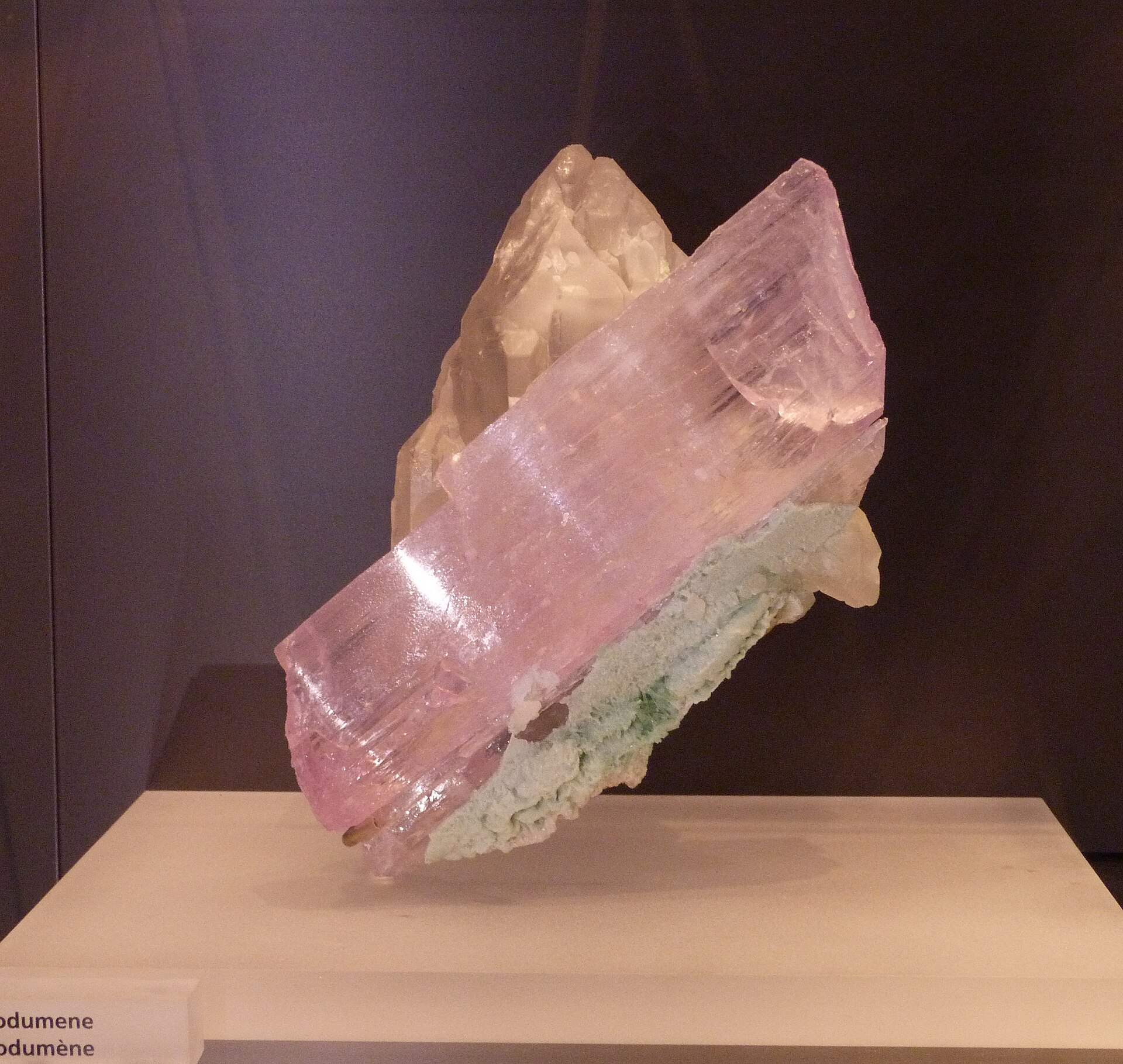 Kunzite crystal mineral specimen — Pink Spodumene crystal (variety Kunzite) from Nuristan, Afghanistan, Asia. Exhibited at the Royal On