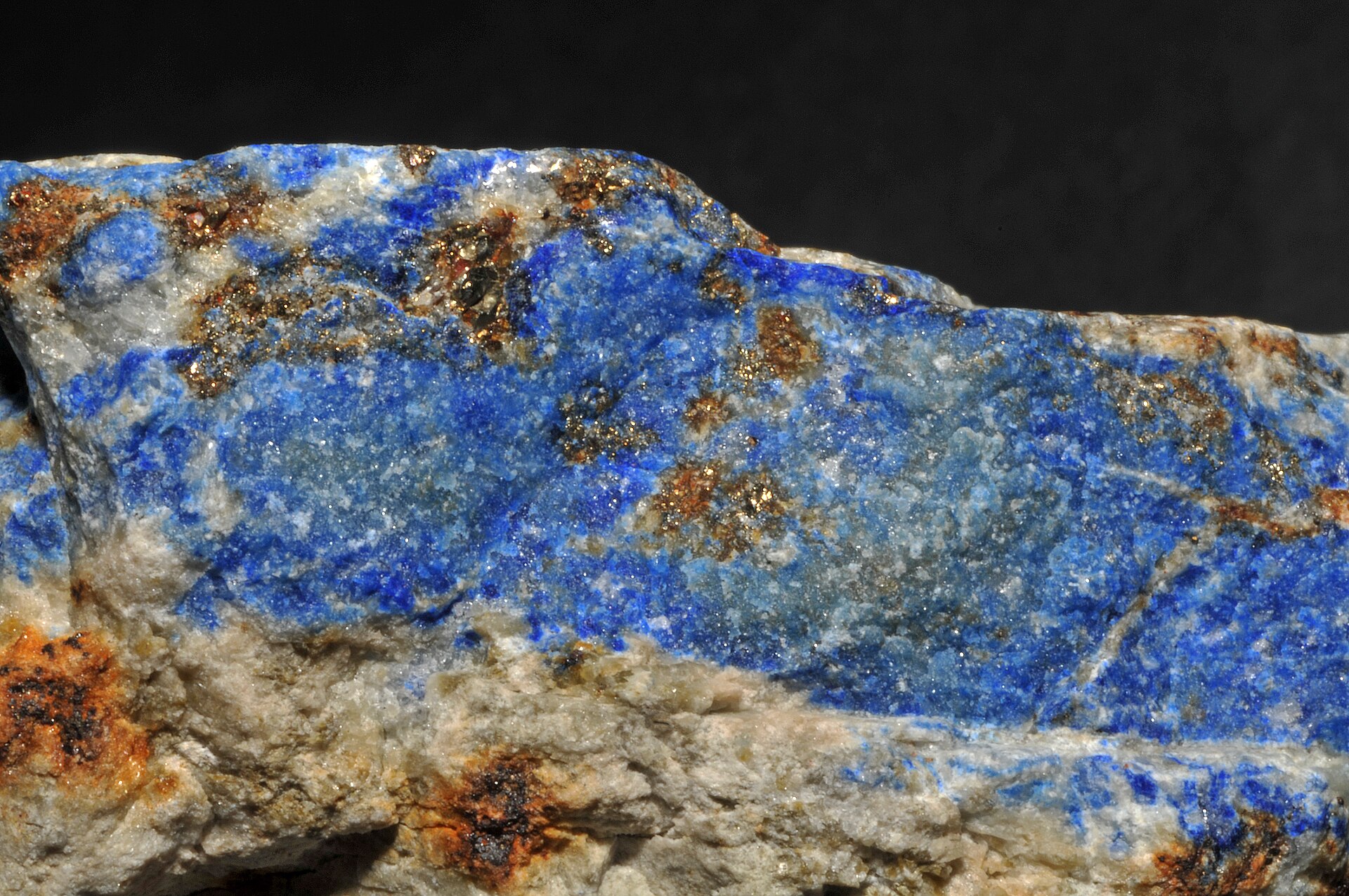 Lapis lazuli mineral specimen — crystals of lazurite, crystals of pyrite, crystals of calcite : Sar-e-Sang, Koksha Valley, Badakshan
