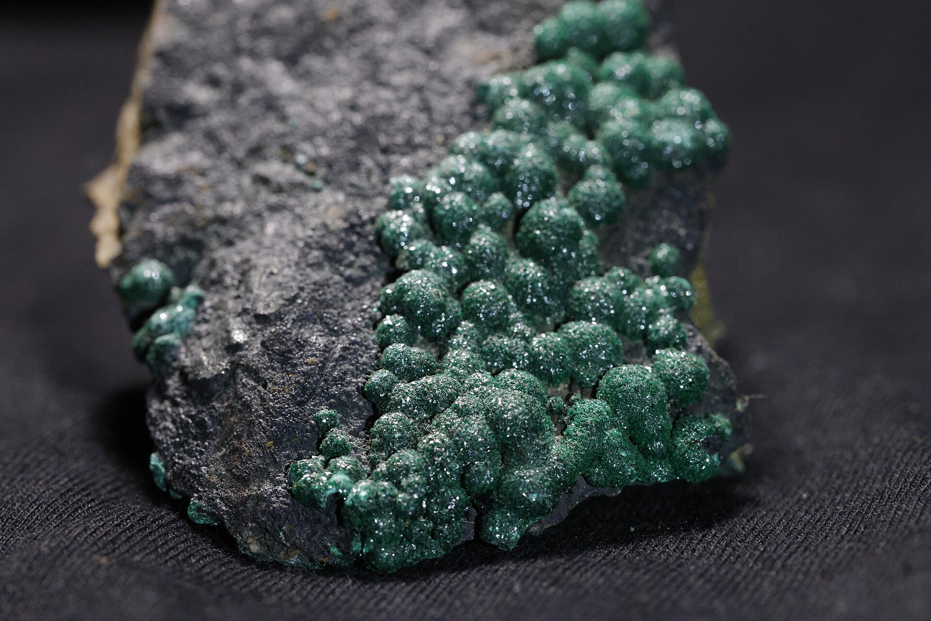 Malachite mineral specimen — Dark green malachite in a botryoidal habit, the crystal part of the specimen is approximately 3 cm a