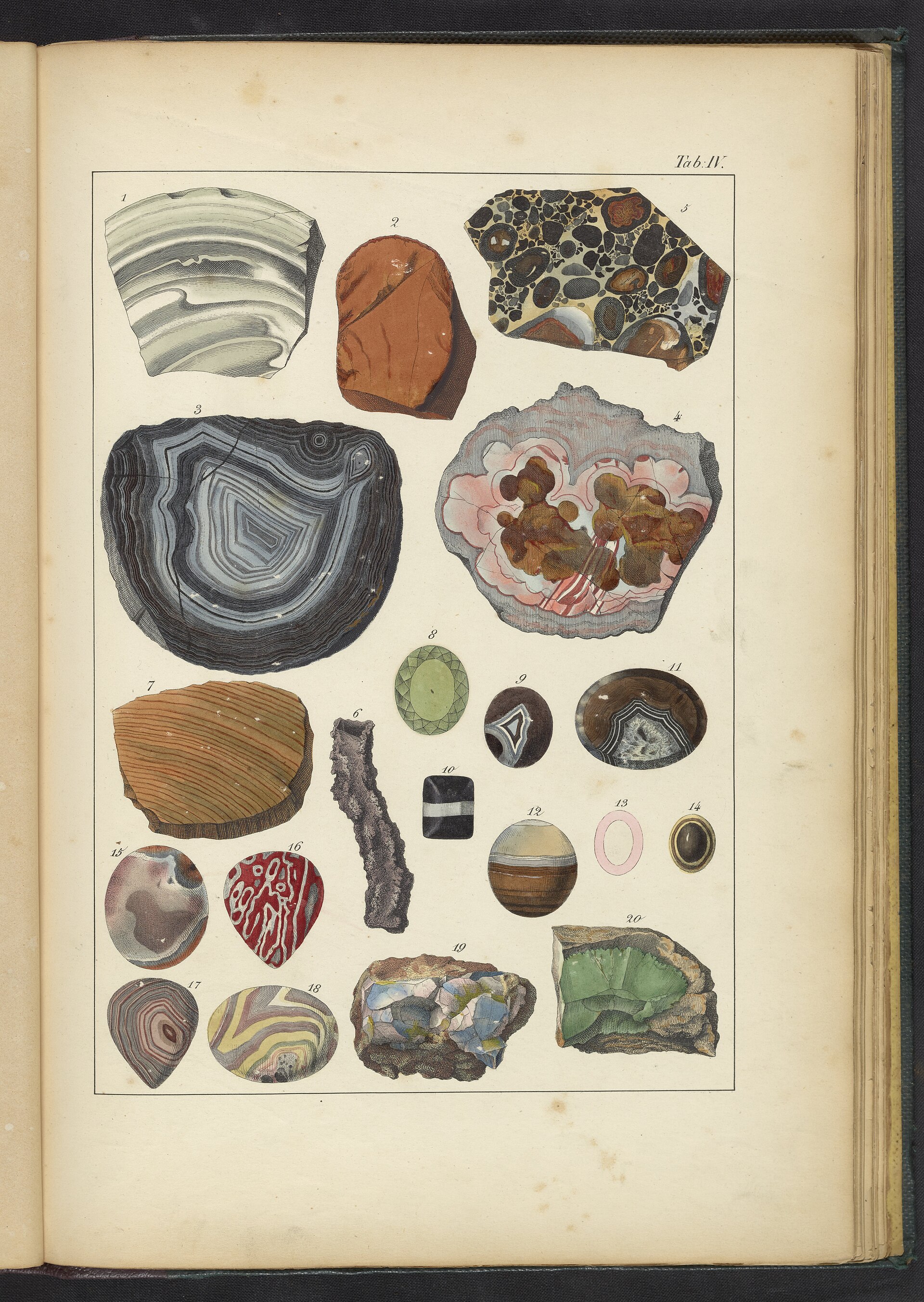 Opal mineral specimen — Figures 1-20. Quartz and Opal. 1. Grey and White Striped Flint 2. Carnelian 3. Fortification Agate 4