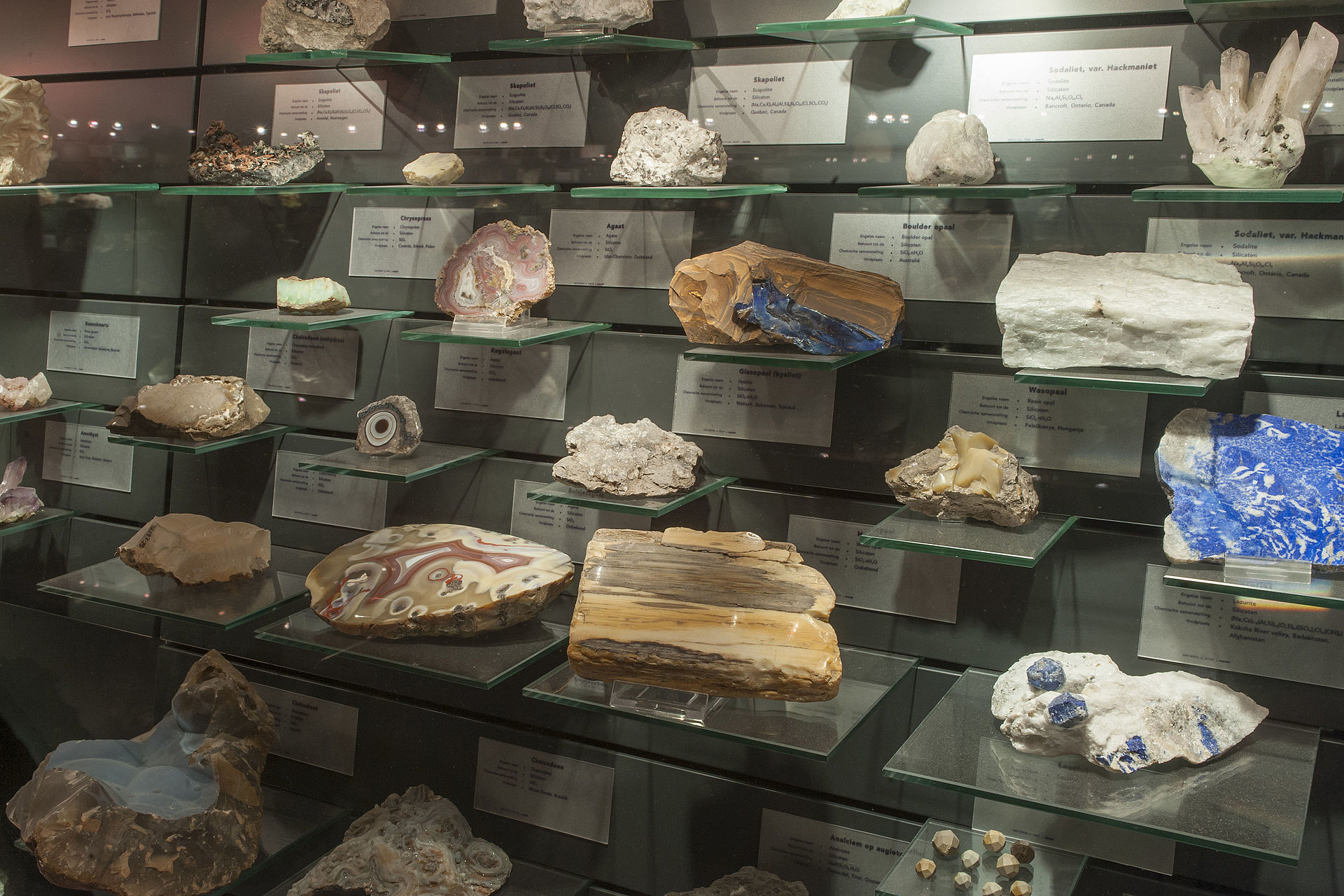 Opal mineral specimen — Natural history museum Naturalis, Leiden. Exhibition Nature theatre. Wall with displays of silicates