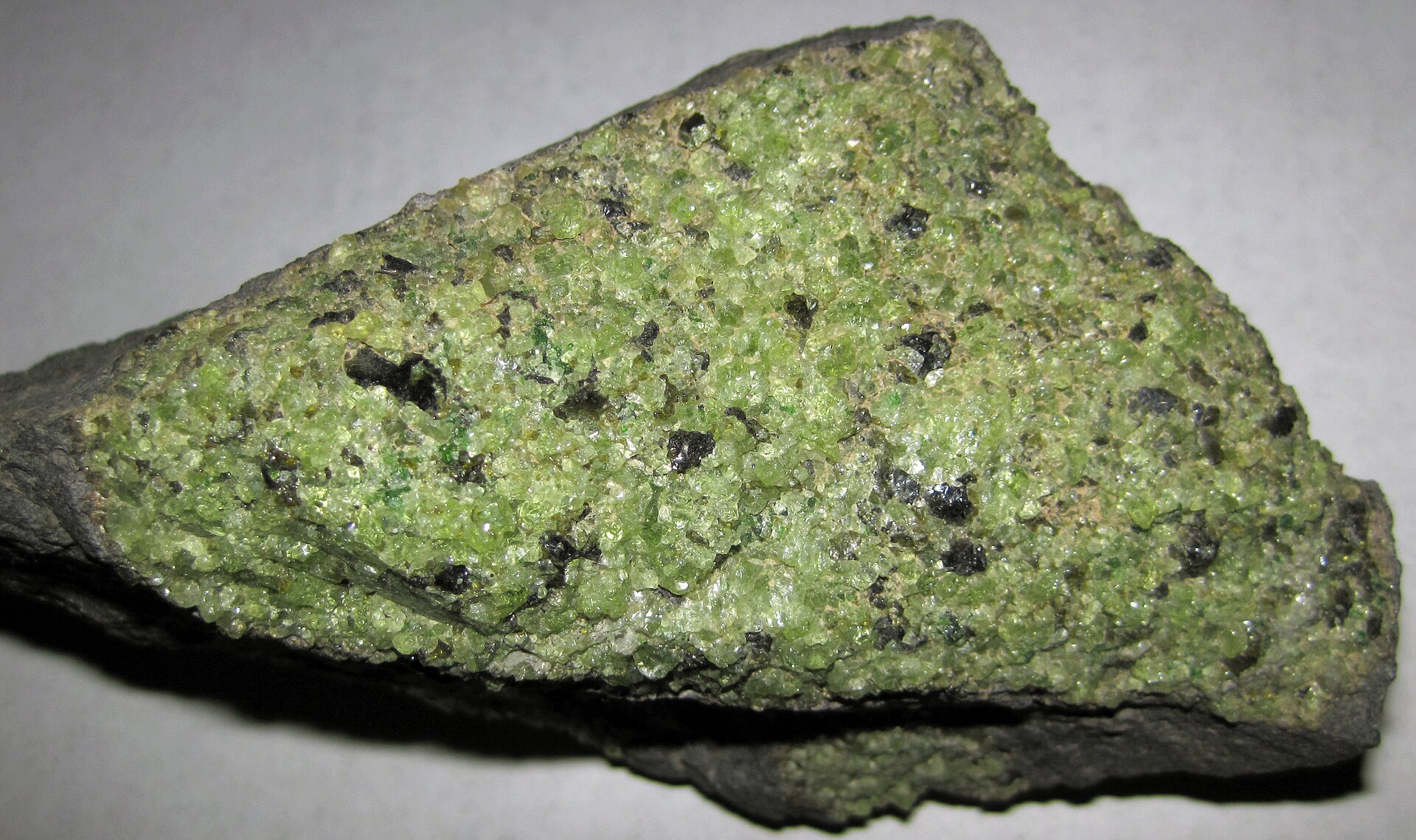 Peridot crystal mineral specimen — Peridotite mantle xenolith in vesicular phonotephrite from the Pleistocene of Arizona, USA. Green = 