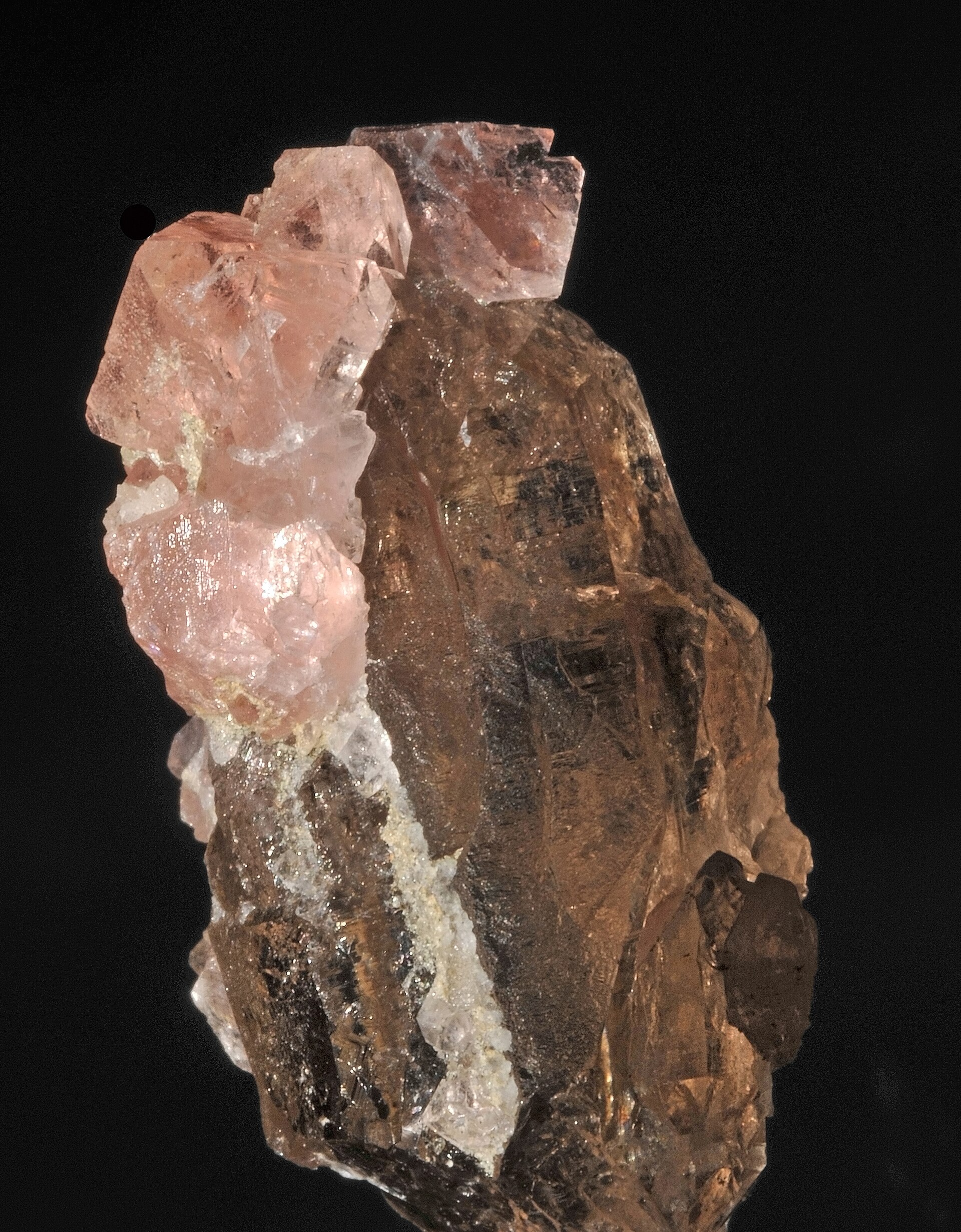 Rose quartz mineral specimen — crystals of fluorite, crystals of smoky quartz : Glacier de l’Argentière, Massif du Mont Blanc, Régi